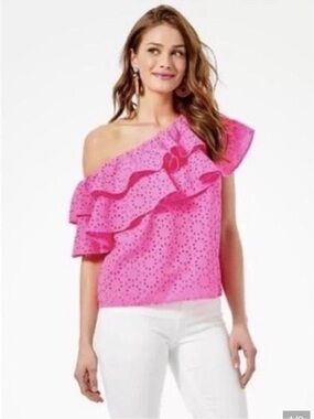 Lilly Pulitzer Hot Pink One-Shoulder Ruffle Eyelet Top